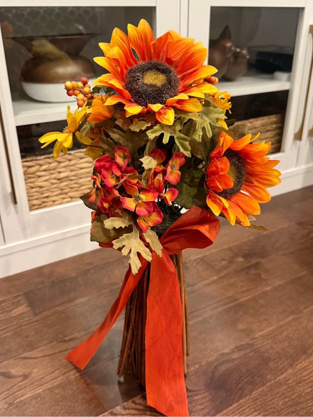 Faux Sunflower Bouquet with Orange Ribbon twigs - Home Accents Faux Florals
